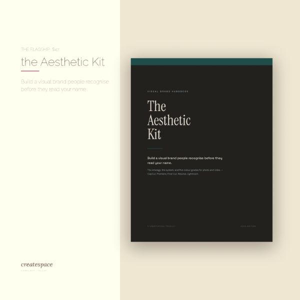 The Aesthetic Kit’s Visual Brand Handbook — a near-black cover with a teal band — over the line “Build a visual brand people recognise before they read your name.”