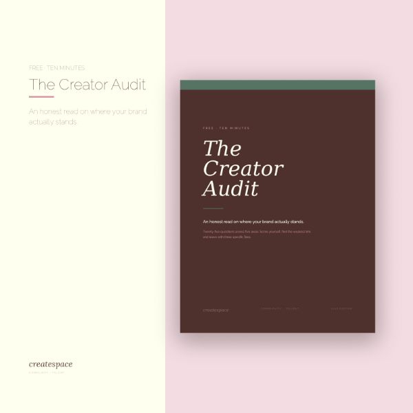The Creator Audit — a deep brown cover on a pink ground — over the line “An honest read on where your brand actually stands.”