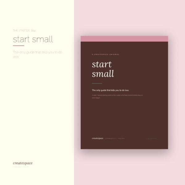 The start small guide cover — deep brown with a pink band, titled “start small”, over the line “The only guide that tells you to do less.”
