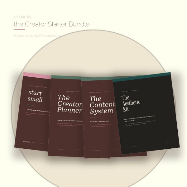 All four createspace product covers fanned in a circle — start small, the Creator Planner, the Content System and the Aesthetic Kit.